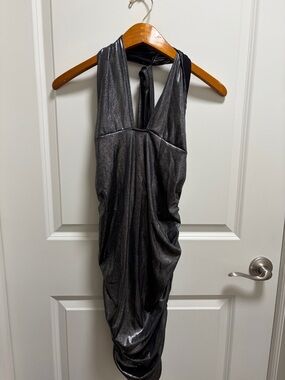 PrettyLittleThing Metallic Charcoal One-Shoulder Dress